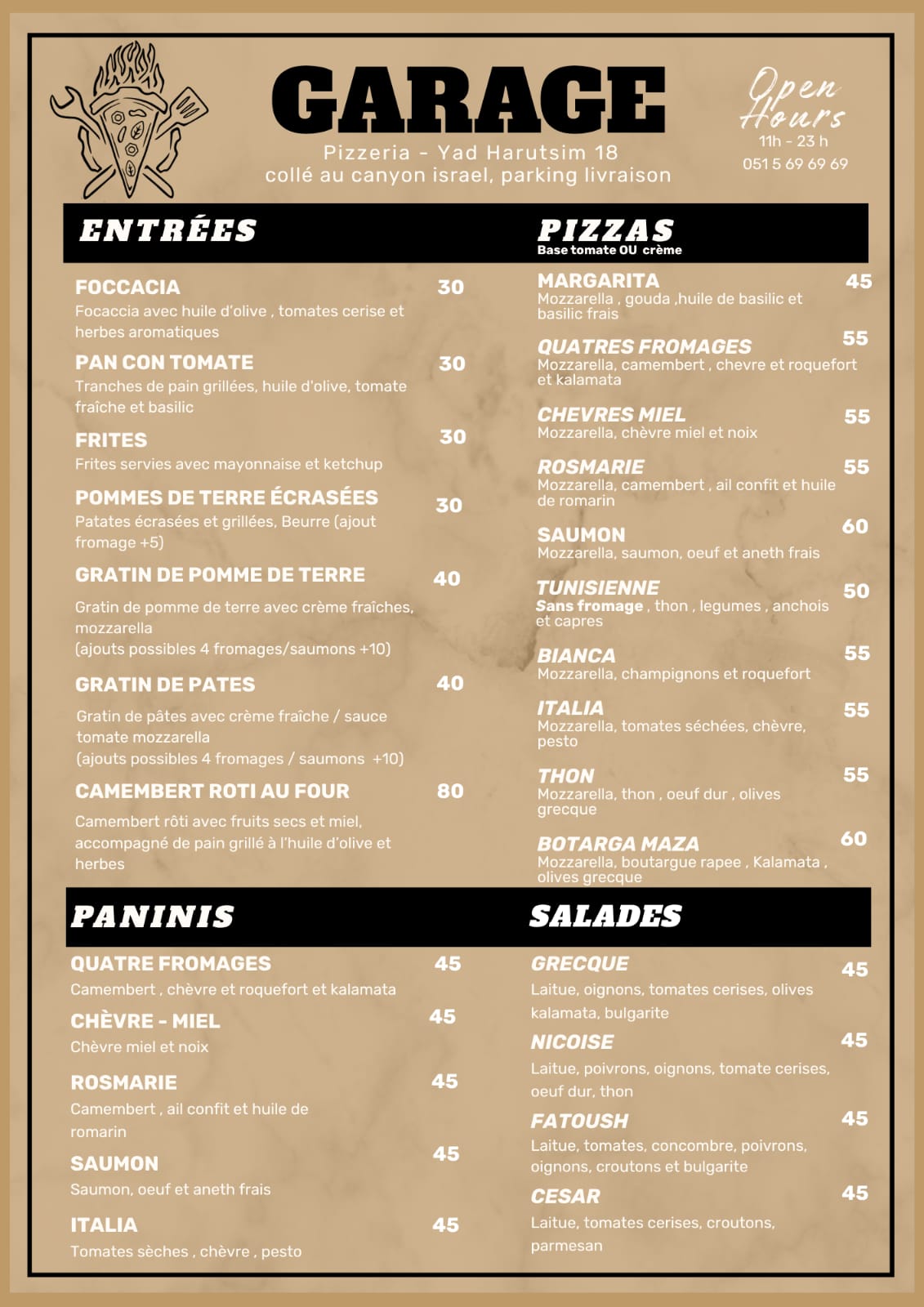 Nouveau Restaurant pizzeria francaise  LE GARAGE a jerusalem, quartier talpiot
